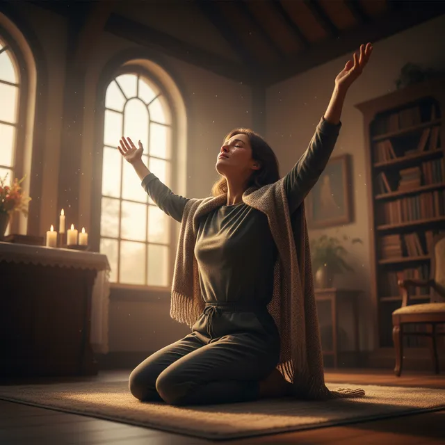 Person kneeling in prayer, releasing bitterness and surrendering resentment to God