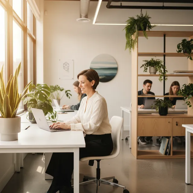 Bible Way founder working on innovative Bible study technology in a modern office space