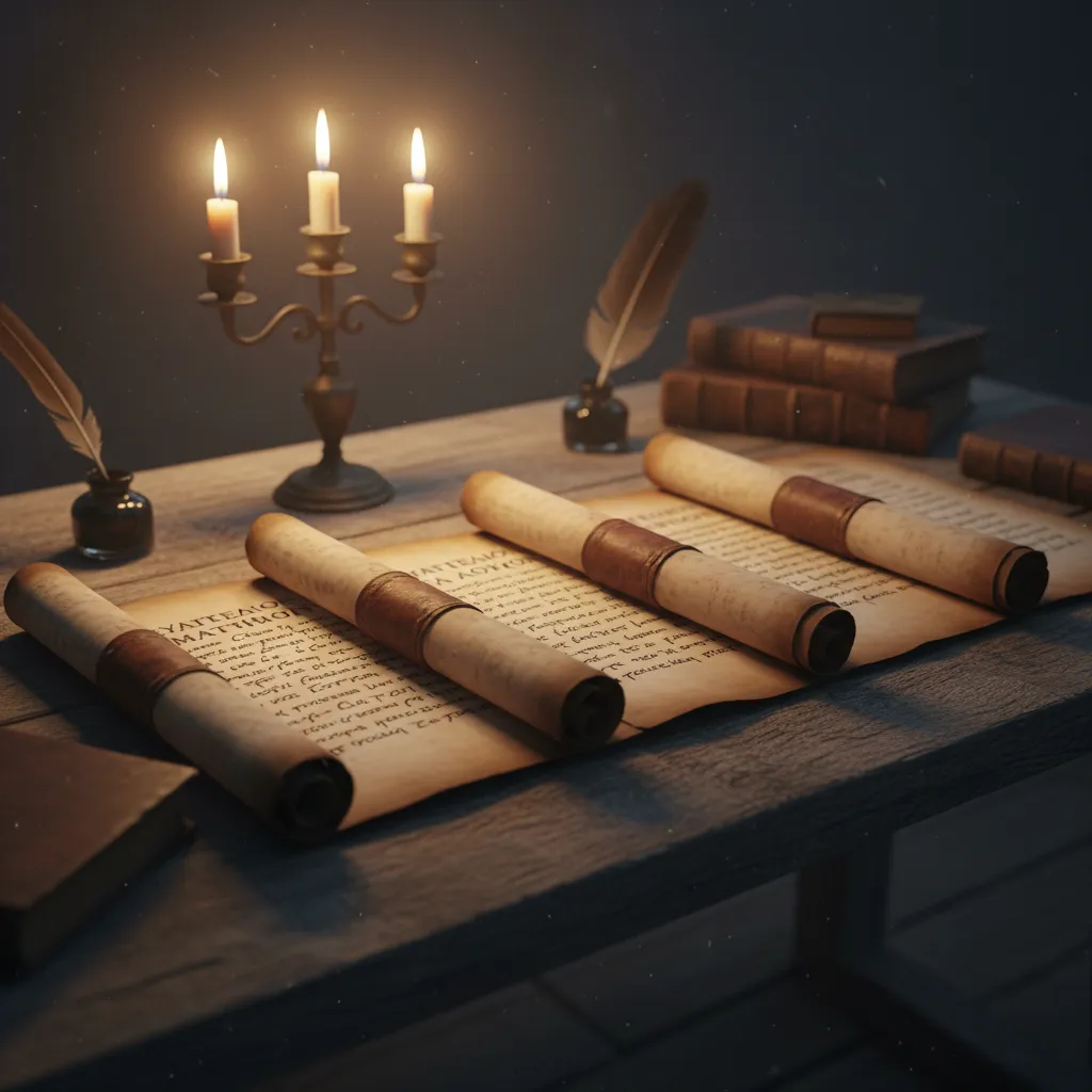 Four ancient scrolls representing Matthew, Mark, Luke, and John arranged on aged wooden table with candlelight