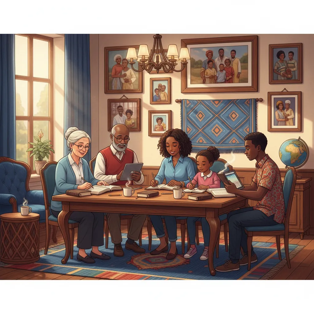 French-speaking multi-generational family studying the Bible together with Louis Segond Bibles and tablets