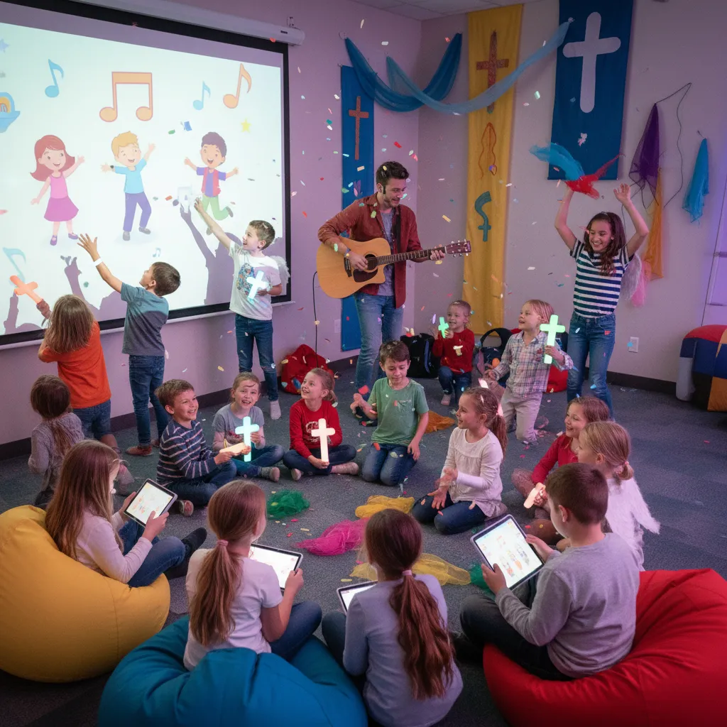 Gen Alpha children engaged in interactive church children's ministry with age-appropriate technology and Bible content