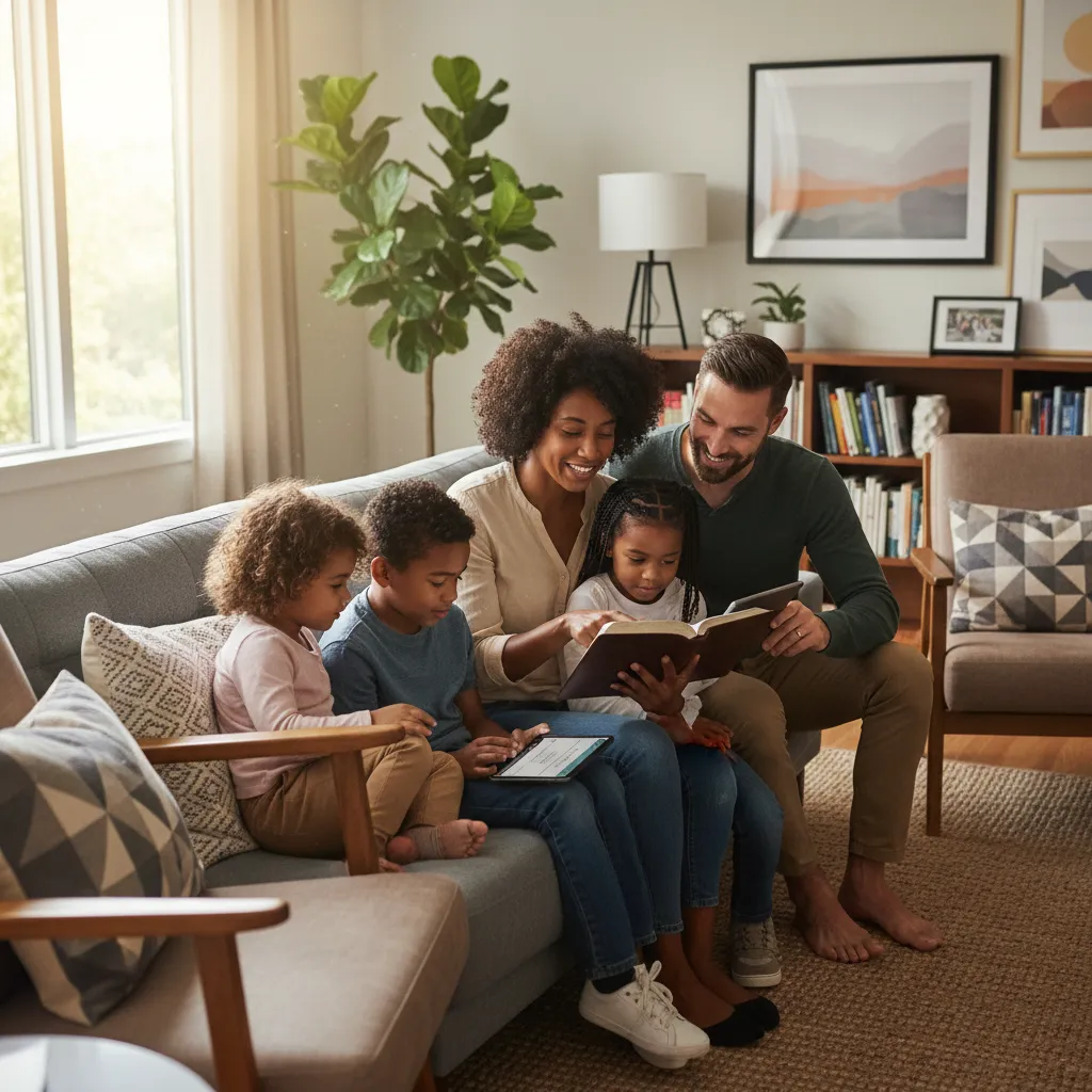 Diverse modern family with Millennial parents and Gen Alpha children gathered for family Bible time with physical Bible and digital devices
