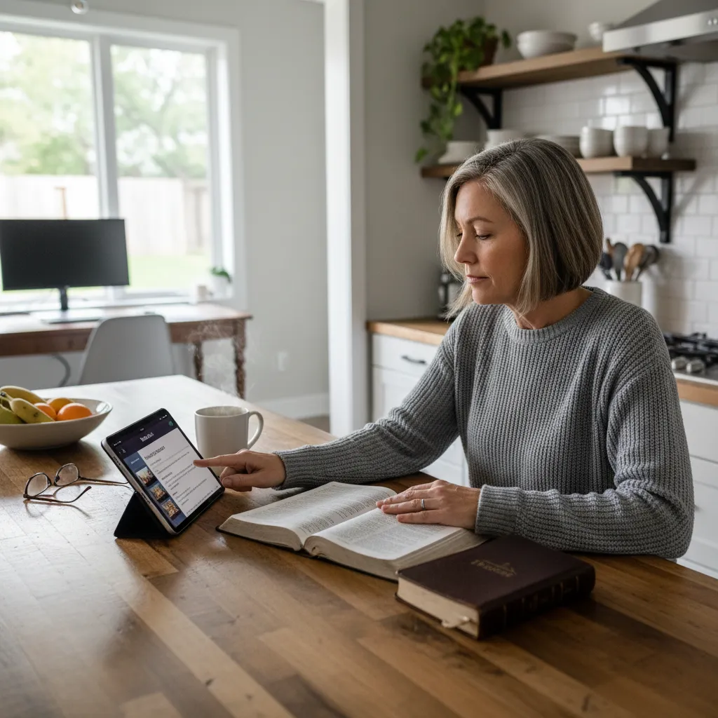 Gen X adult engaged in Bible study with tablet and physical Bible in modern home office setting, showing focused engagement amid busy life