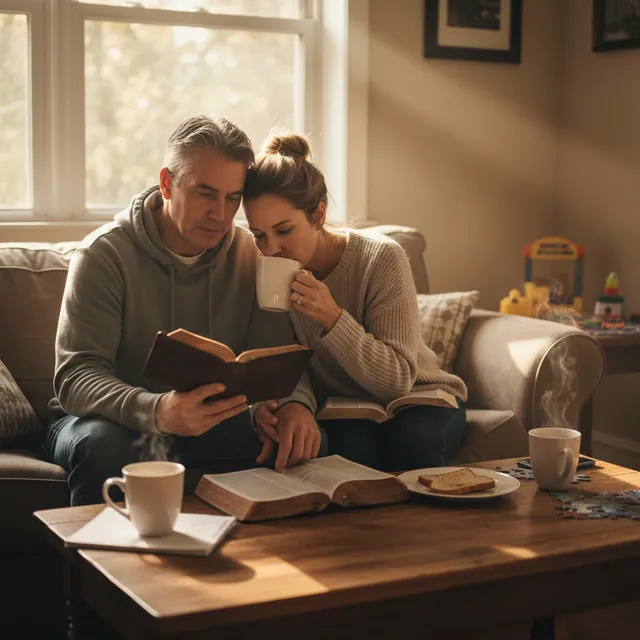 Gen X couple in their mid-40s to early 50s having quiet Bible study moment together with coffee and worn Bibles