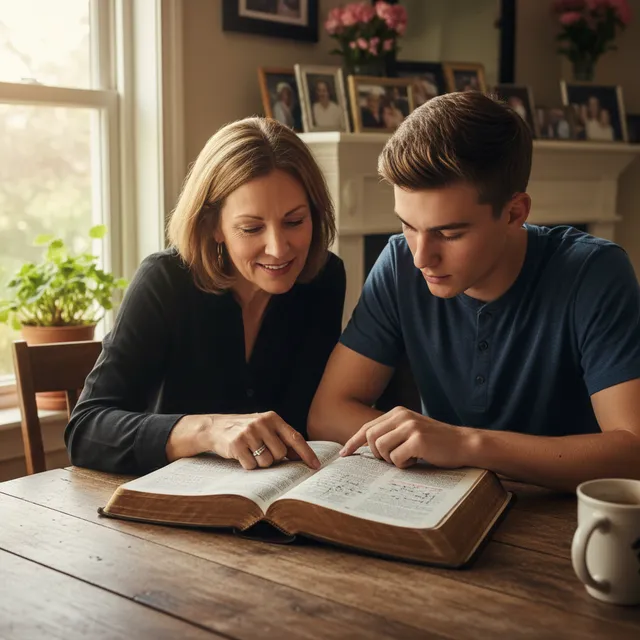 Gen X parent in spiritual conversation with young adult child, looking at family Bible together, passing faith across generations