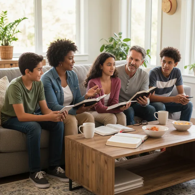 Gen X family with parents in their 40s-50s engaged in casual Bible discussion with teenage children in a modern living room