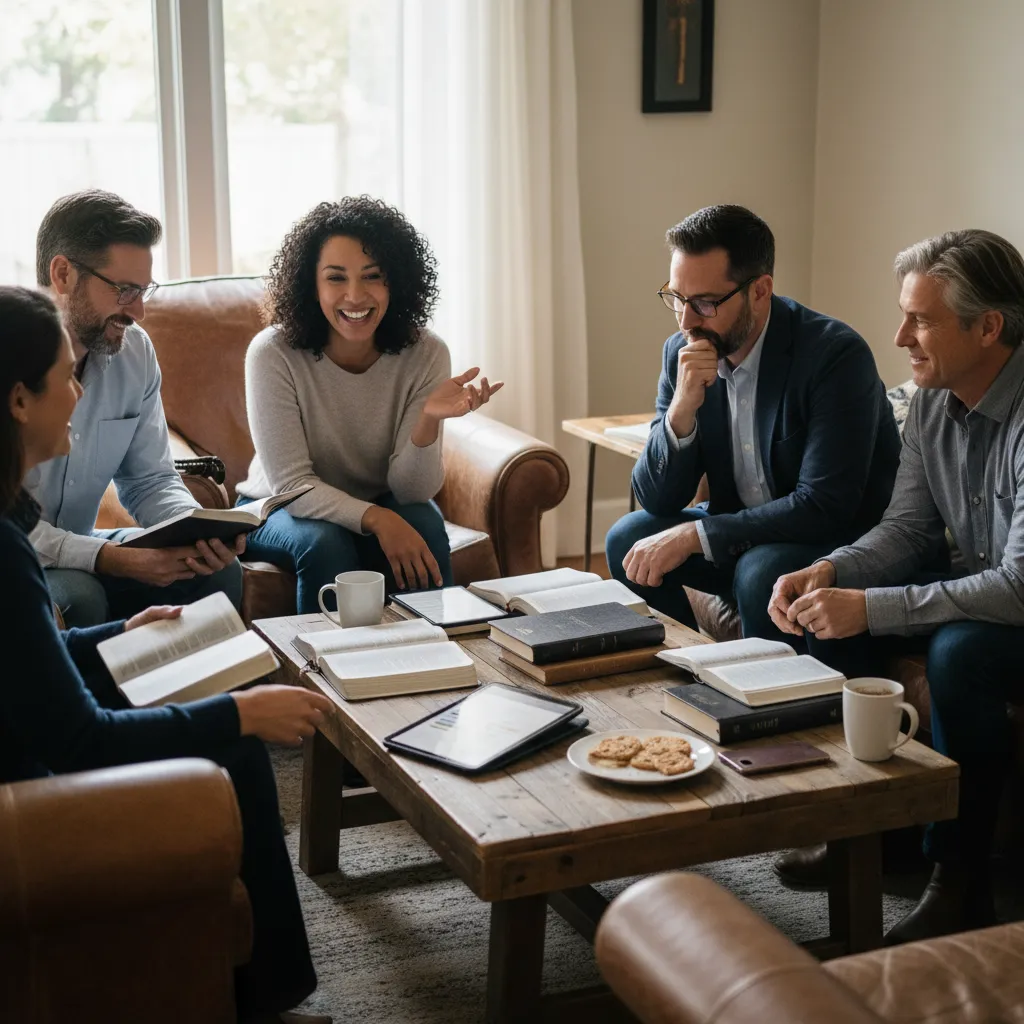 Small group Bible study with Gen Xers in casual setting with open Bibles and tablets, showing authentic community and engaged discussion