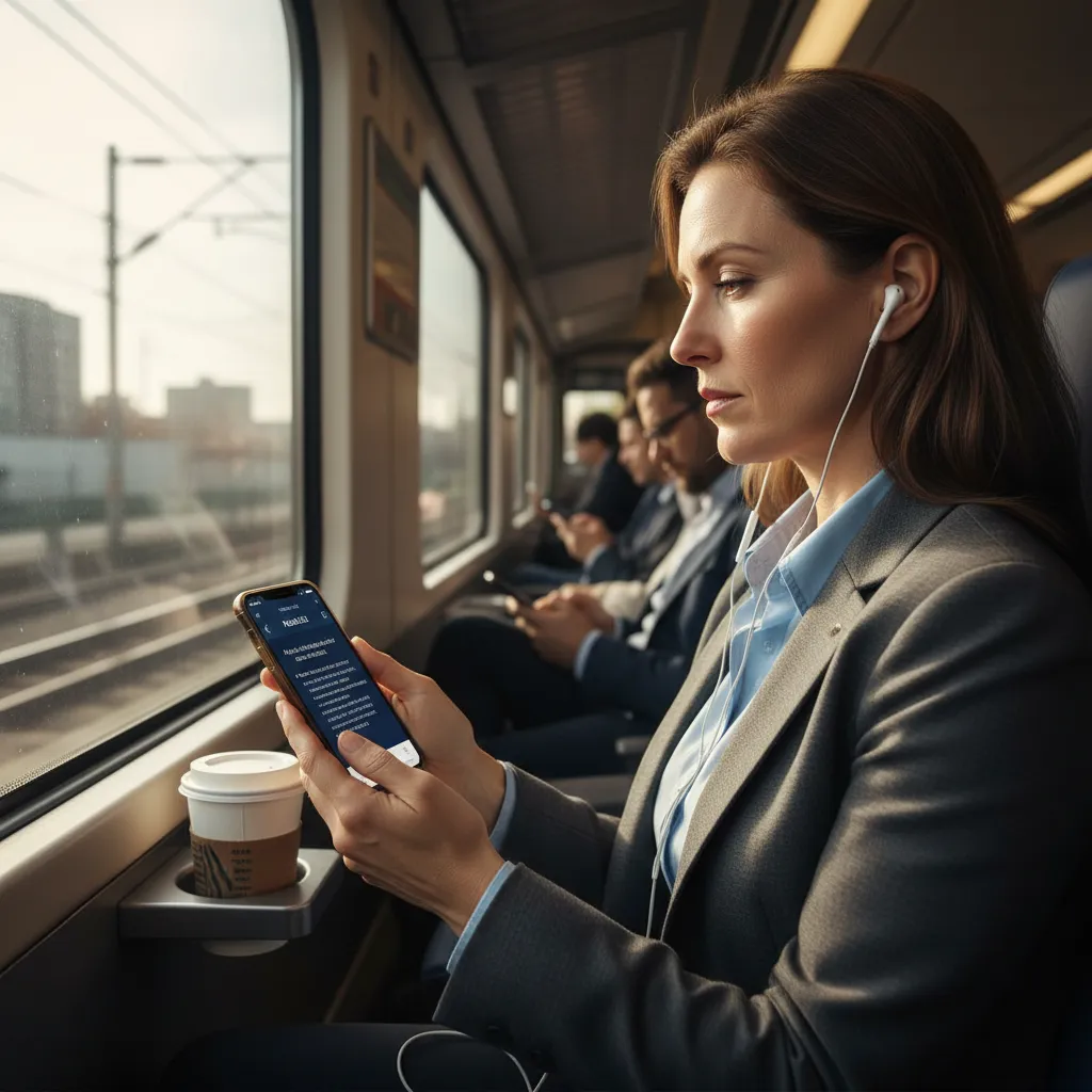 Gen X professional using phone for Bible study during commute, showing integration of Scripture into busy life with Bible app visible