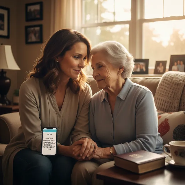 Gen X adult in their late 40s visiting elderly parent while managing family responsibilities, showing sandwich generation caregiving