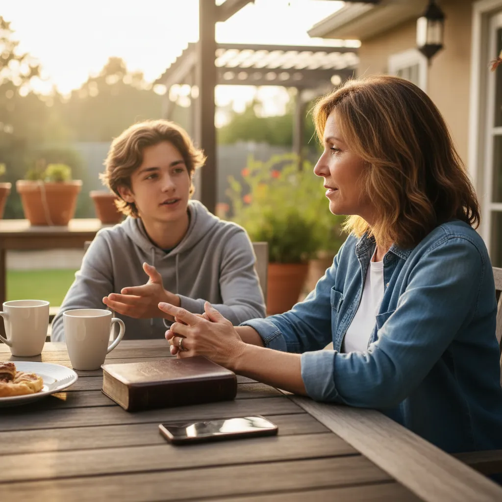 Gen X parent having meaningful spiritual conversation with teenage child at home, showing genuine intergenerational connection