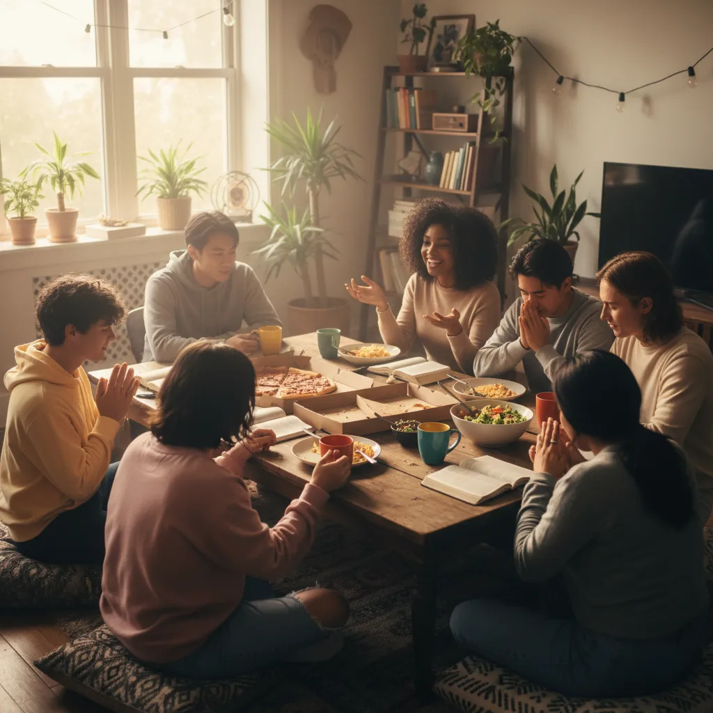 Gen Z friends in genuine community moment around Bible study, showing authentic connection and real friendship