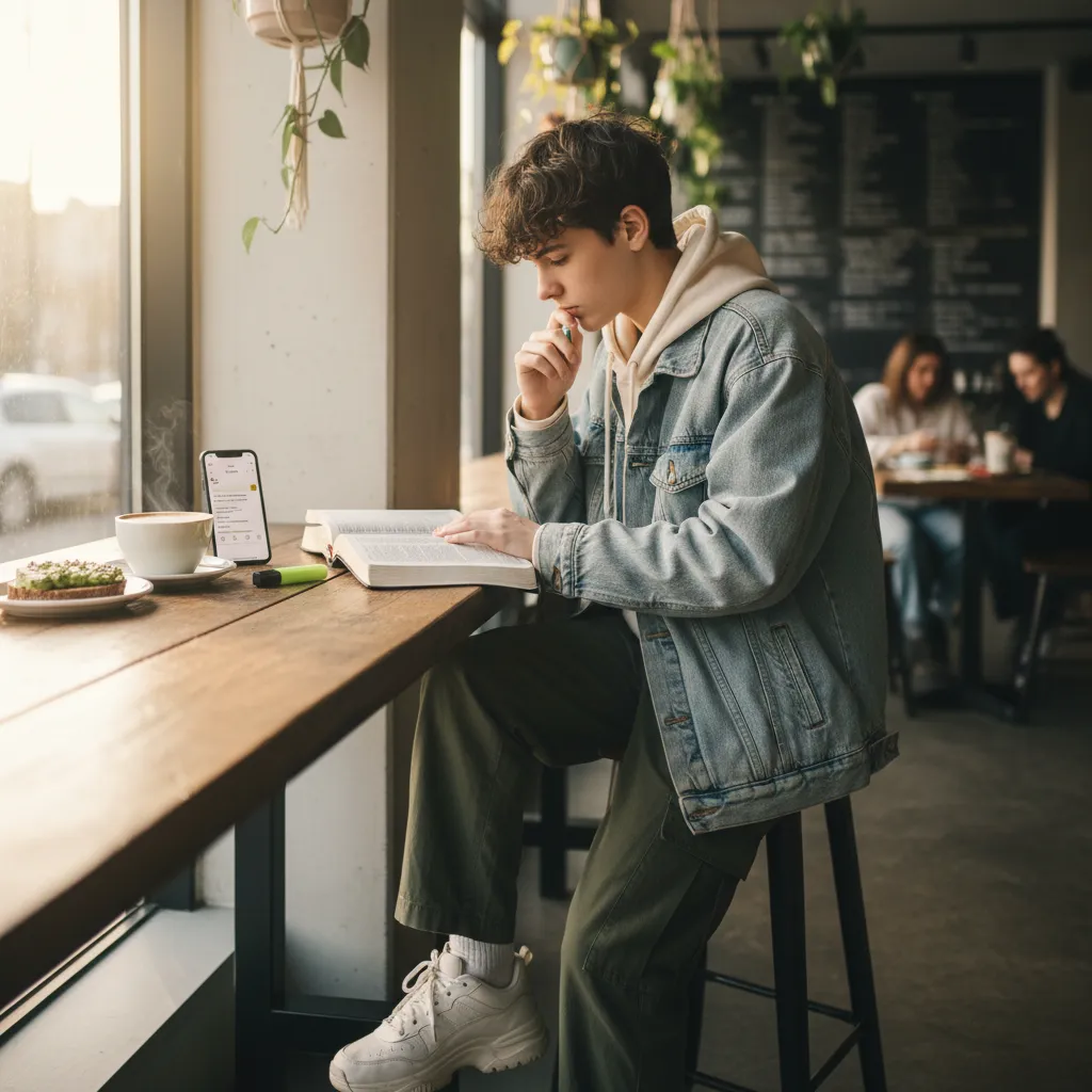 Gen Z individual studying the Bible in a contemporary setting, showing authentic personal devotion and engagement