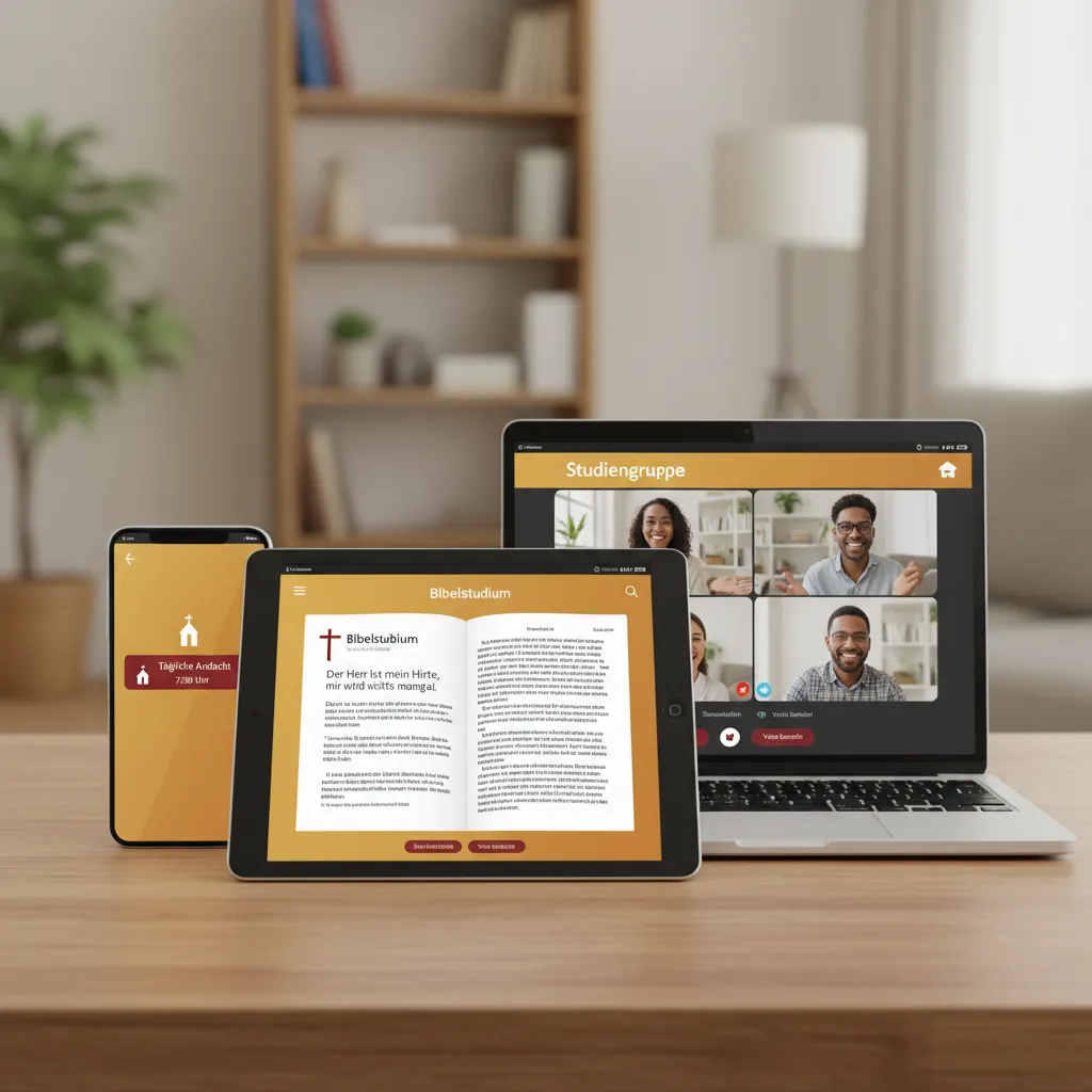 German Bible study resources on digital devices showing Lutherbibel and study group features