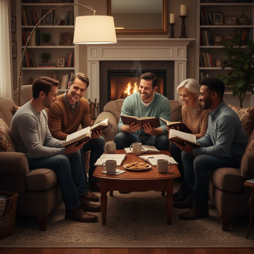 Diverse small group of adults in a living room discussing the Gospels with Bibles open
