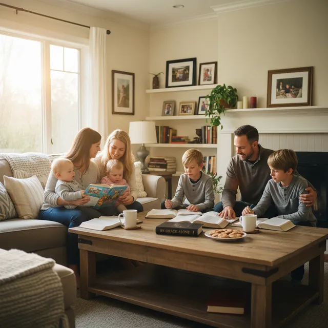 Family gathered together for devotional time studying grace