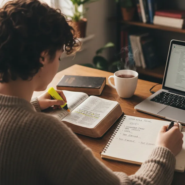 Person studying Bible about grace at desk with journal open