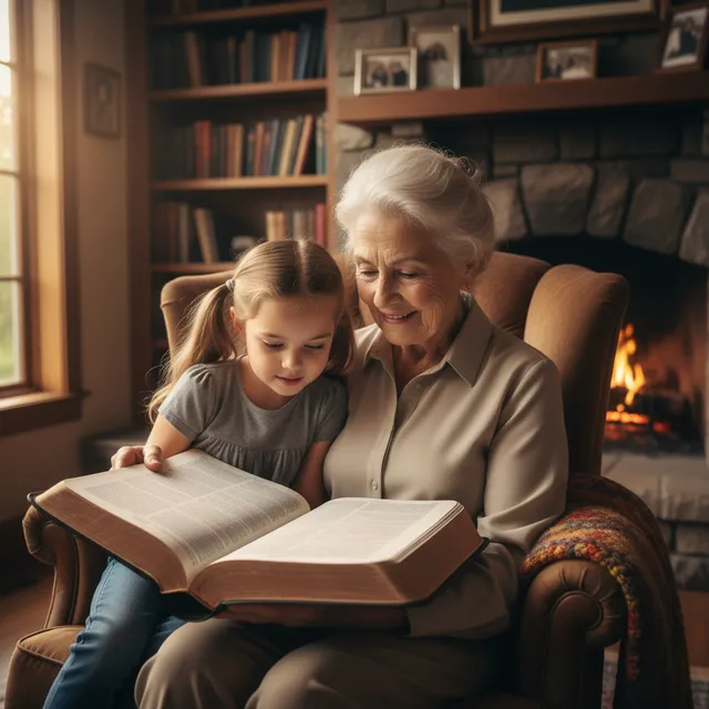 Grandparent sitting with grandchild, both looking at an open Bible together in a cozy home setting