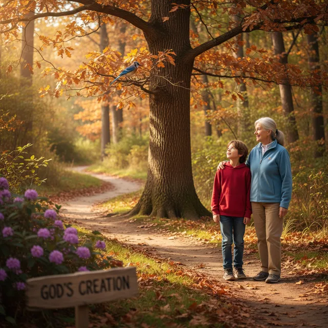 Grandparent and grandchild on a nature walk, discovering God's creation together