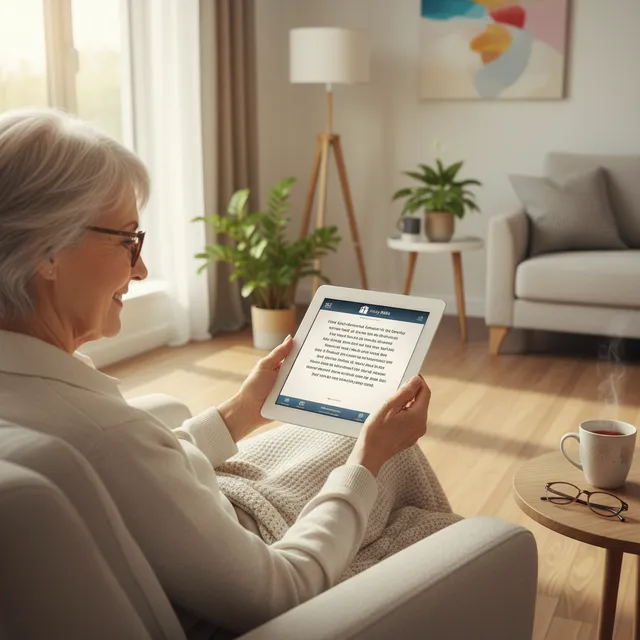 Senior adult comfortably using a tablet to read the Bible app in a cozy home setting