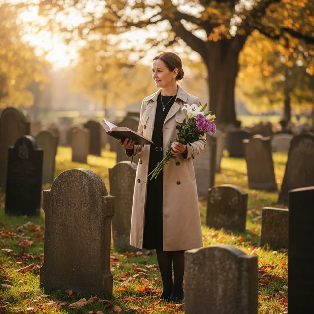 Person at cemetery with Bible remembering loved one with hope and faith