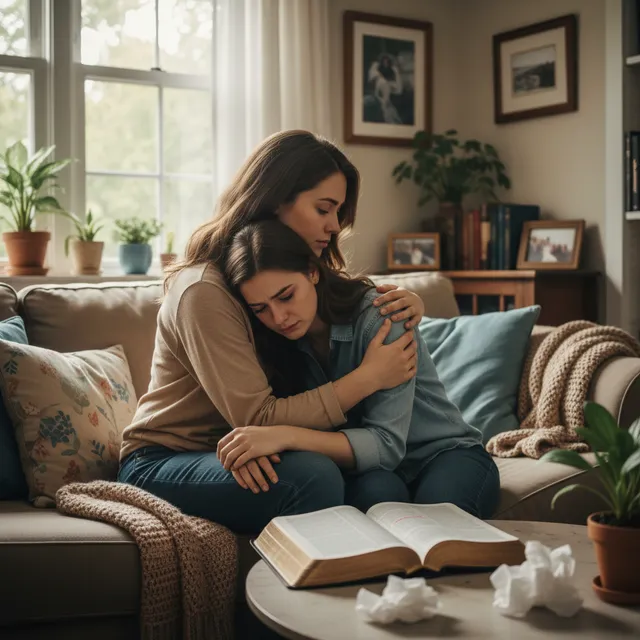 Two friends sharing comfort with Bible open providing support during grief