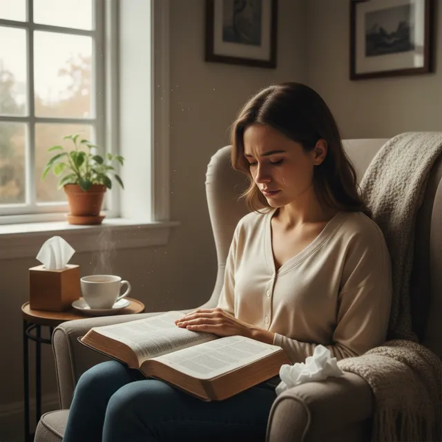 Person finding comfort in Scripture during quiet moments of grief and reflection