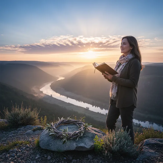 Person at sunrise with Bible finding renewed hope after grief journey