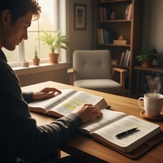 Person studying Bible about healing in quiet room with warm natural light
