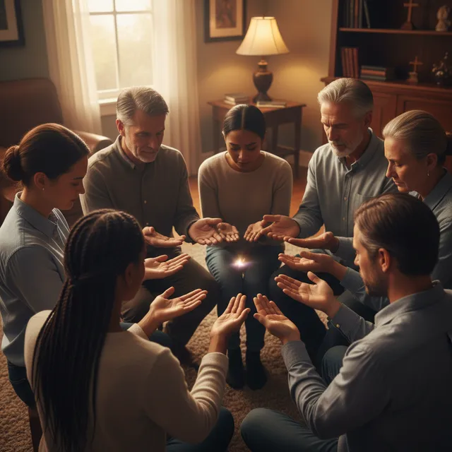 Small group of diverse believers gathered praying together for healing