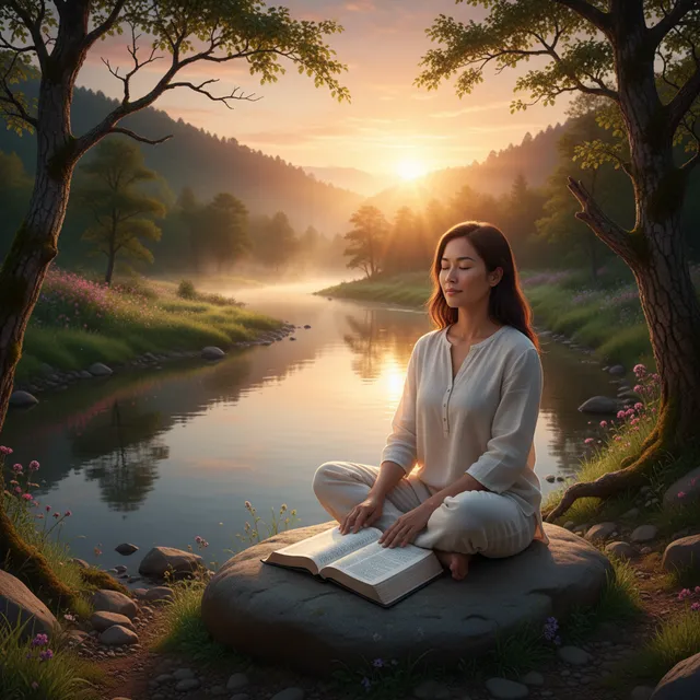 Person meditating on healing scriptures at sunrise with Bible open
