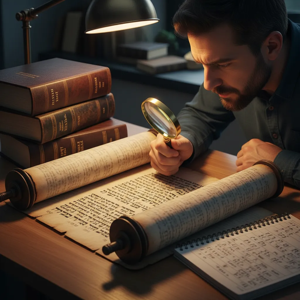 Person studying an ancient Hebrew Bible scroll with magnifying glass, modern desk with Hebrew lexicons and interlinear Bible