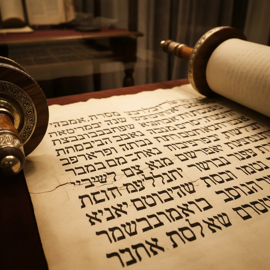 Ancient Hebrew Torah scroll partially unrolled showing beautiful Hebrew calligraphy with ornate wooden scroll handles