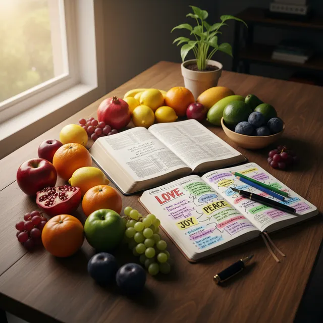 Fruit of the Spirit study with colorful fruits arranged artistically, Bible open to Galatians 5, journaling notes visible