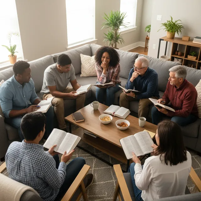 Small group Bible study on spiritual gifts, diverse participants with Bibles open, engaged discussion in modern living room setting