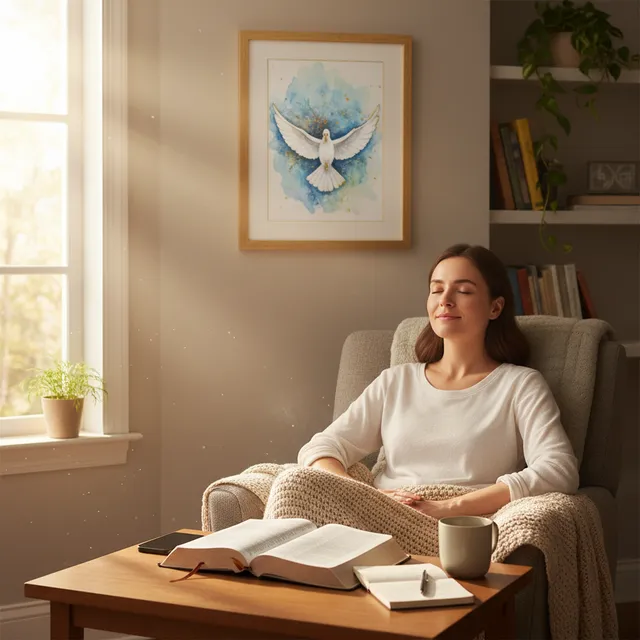 Person in quiet prayer and Bible study with open Bible, peaceful expression, morning light streaming through window, Spirit-led devotional time