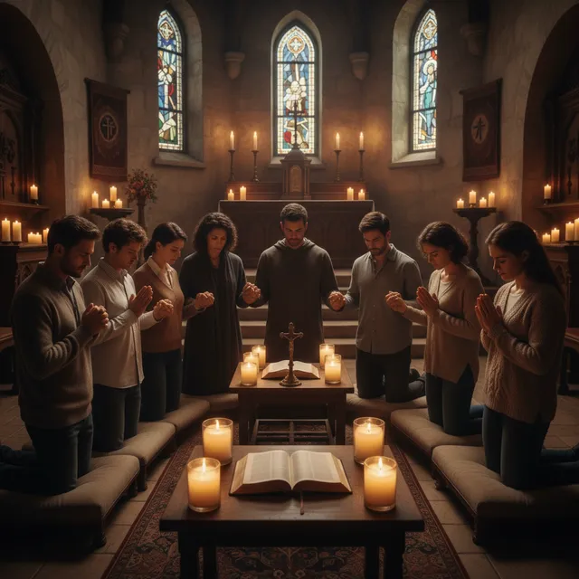 Believers praying together in the Spirit, kneeling with hands joined in peaceful intercession, church prayer room setting