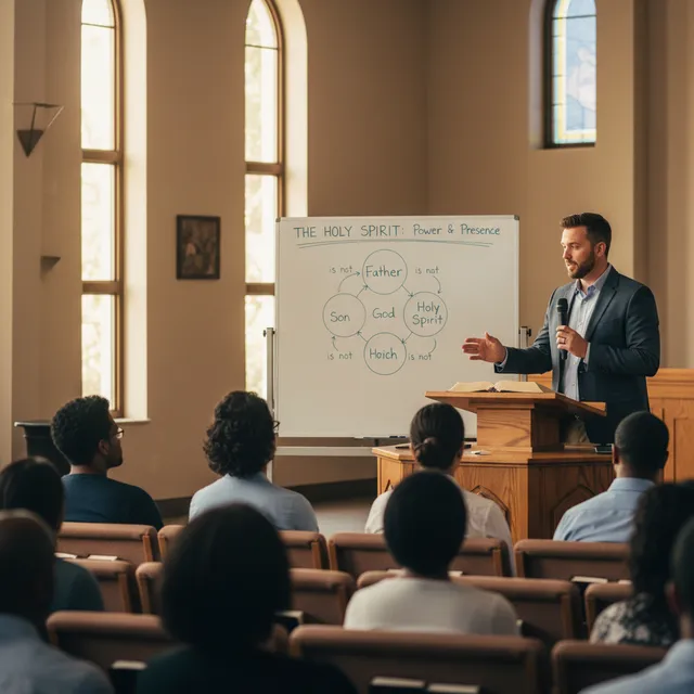 Pastor teaching on the Holy Spirit with Bible open, whiteboard showing Trinity diagram, attentive congregation