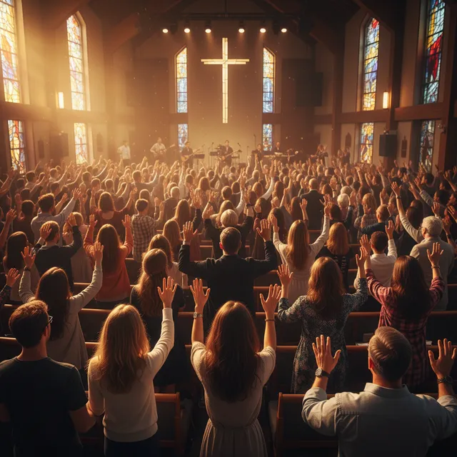 Church congregation in Spirit-led worship, hands raised in praise, diverse believers united in warm sanctuary lighting