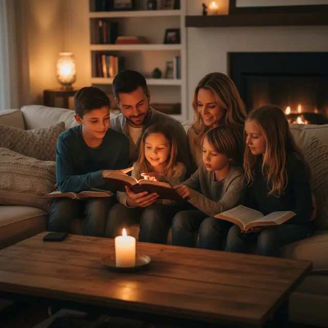 Family gathered together for evening devotional, reading Bible about hope