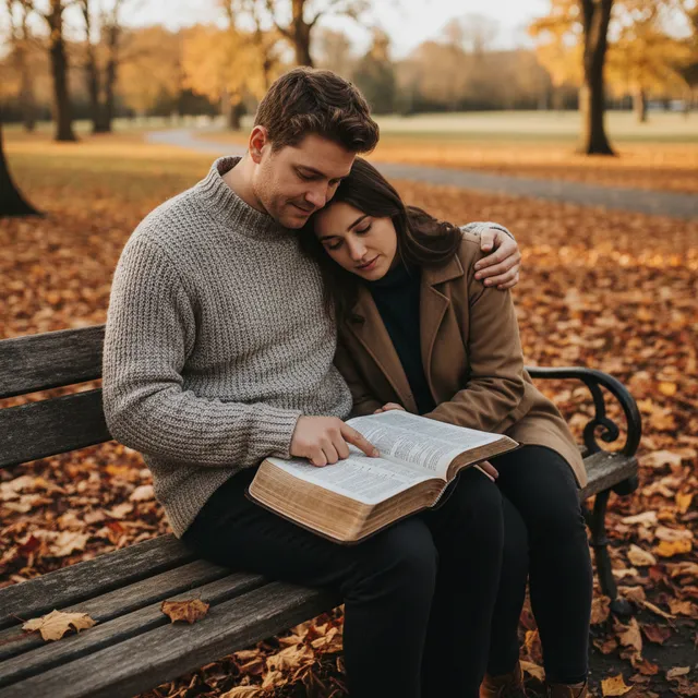 Two people sitting on park bench, one comforting the other with open Bible