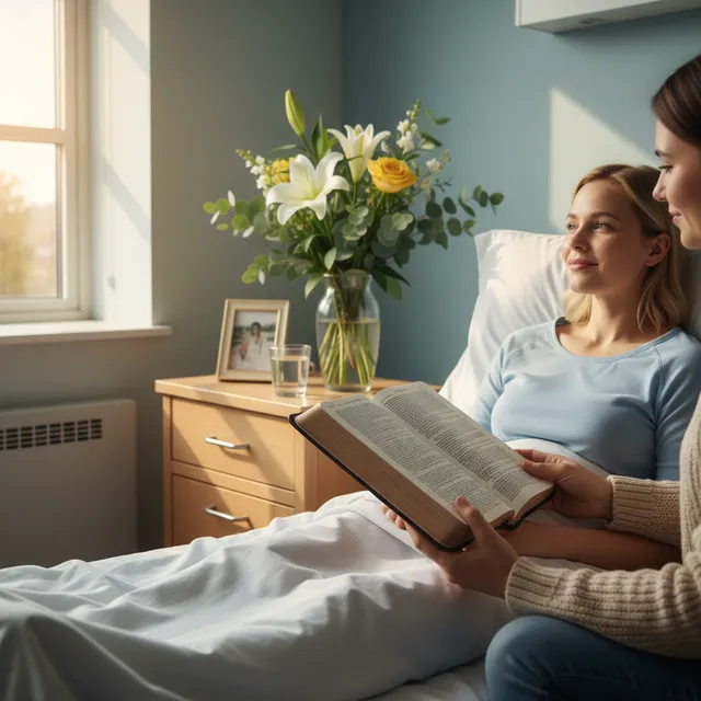 Person visiting hospital patient, holding Bible open to hope passages