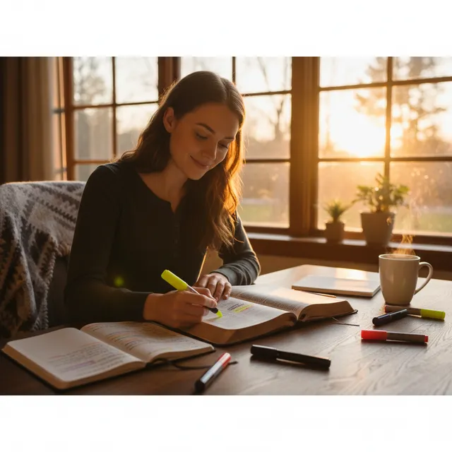 Person studying Bible with highlighters and journal, marking hope passages in Romans