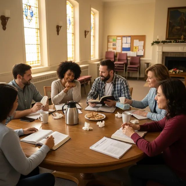 Small group of diverse adults in church fellowship hall studying Bible together about hope