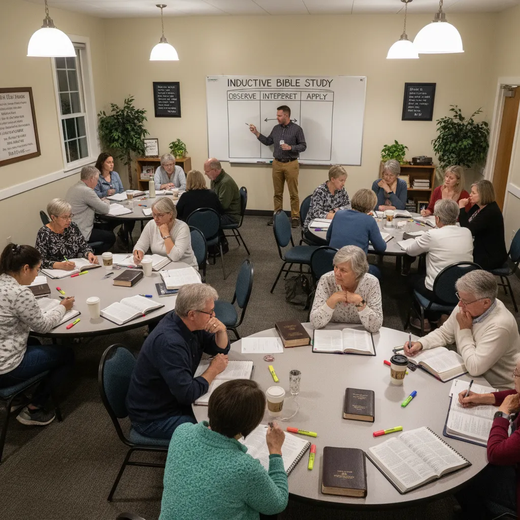 Church classroom with people at round tables doing inductive Bible study training with facilitator at whiteboard