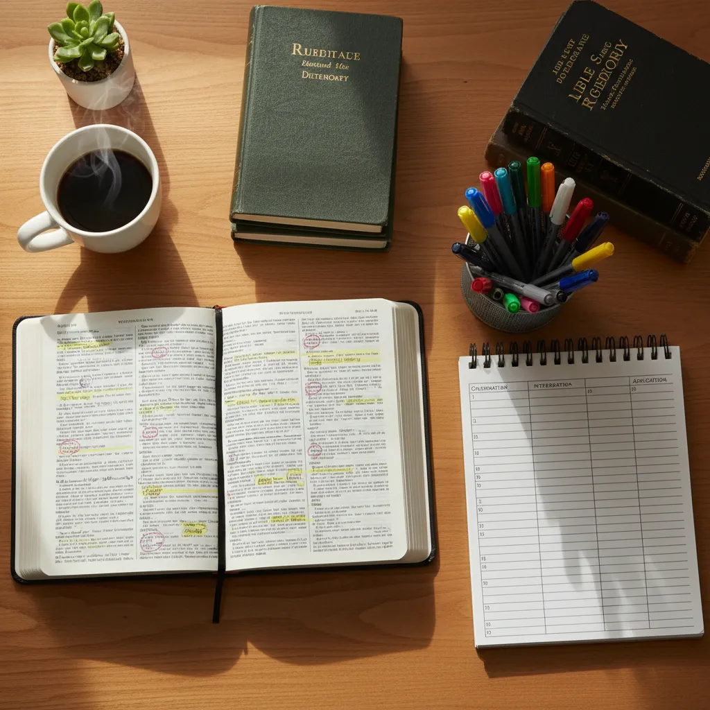 Inductive Bible study setup on wooden desk with open Bible, colored highlighting, margin notes, notebook, and study materials in morning light