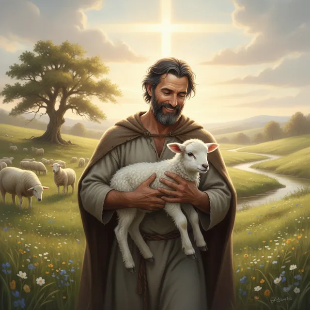 Shepherd tenderly carrying lamb through green pastures depicting God's comfort