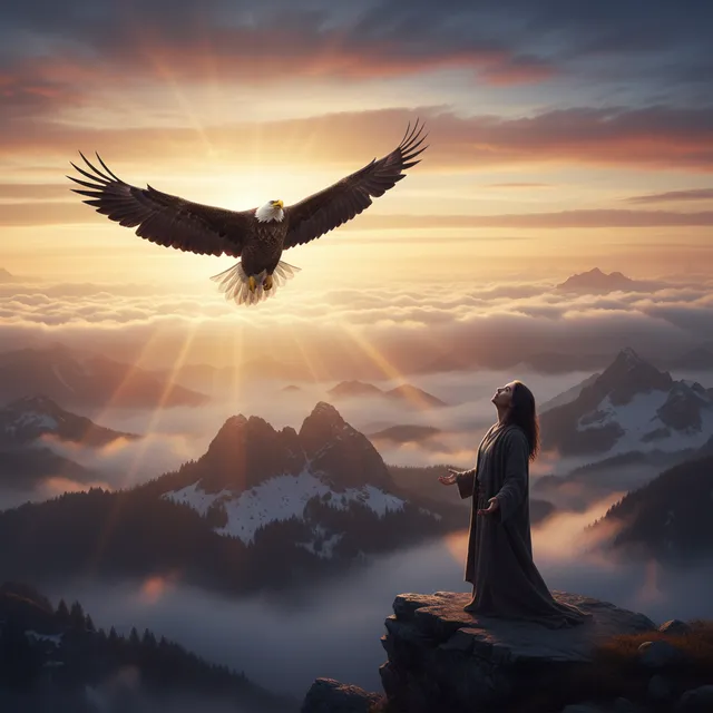 Majestic eagle soaring through golden sunrise clouds representing renewed strength and hope