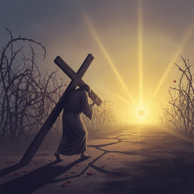 The Suffering Servant bearing heavy burden walking toward distant light with redemption theme