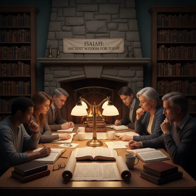 Diverse group of adults studying Isaiah together in warm library setting