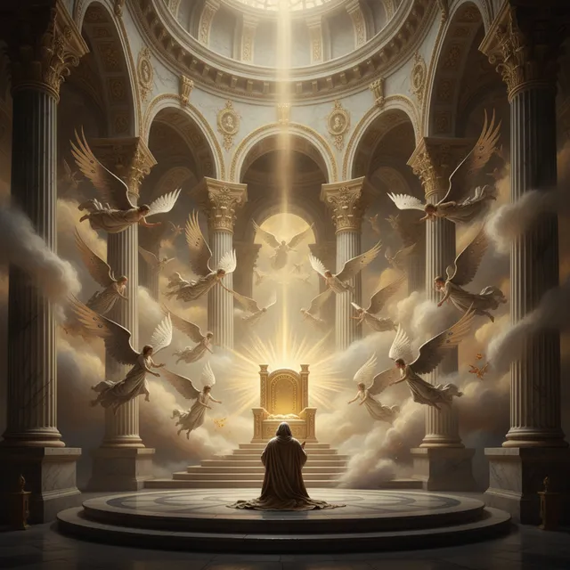 Isaiah's throne room vision with seraphim angels, divine light streaming through ancient temple